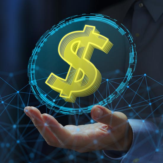 Digital Dollar sign displayed above an outstretched hand